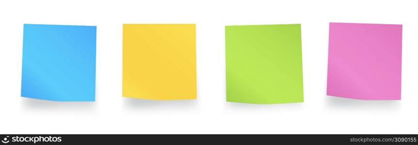 Sticky colored notes. Blank post for message, to do list, memory. Set different colored sheets of note paper. Post note paper with curled corners and shadows. Vector illustration. Sticky colored notes. Blank post for message, to do list, memory. Set different colored sheets of note paper. Post note paper with curled corners and shadows. Vector