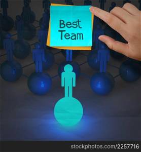 sticky note and best team word 3d human social network on crumpled paper background as concept