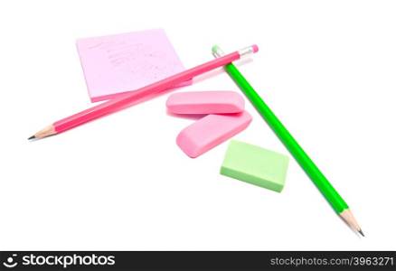 sticky note, erasers and pencils on white background