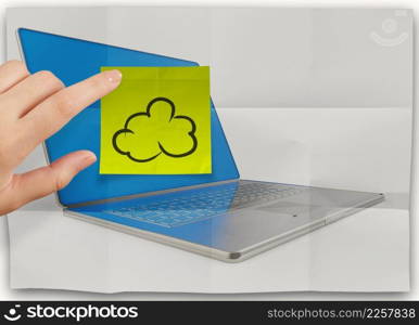 sticky note on crumpled paper with laptop computer and cloud network sign as concept