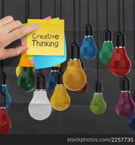 sticky note with creative thinking word  light bulb on crump≤d paper as creative concept