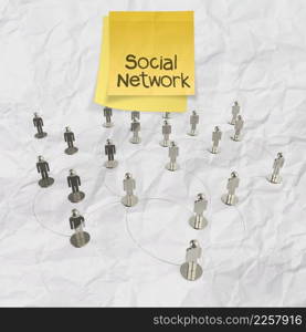  sticky note with human social network and leadership on crumpled paper background as concept