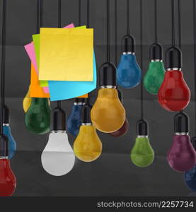 sticky note with   light bulb on crumpled paper as creative concept