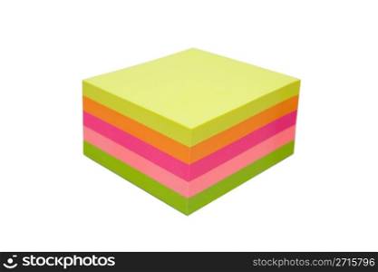 Sticky notes cube with sheets in various colors. Isolated over white with clipping path.
