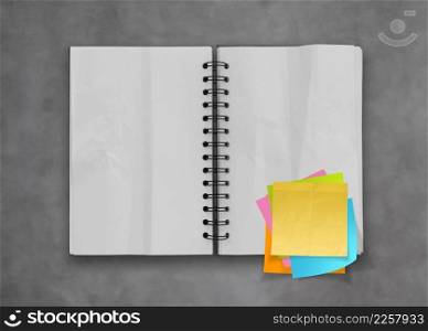  sticky notes with open blank note book on desk top texture