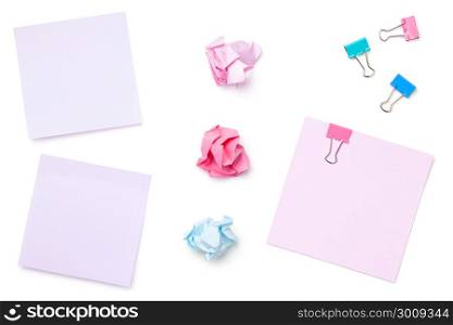 Sticky Post Note Paper Isolated on White Background. Pastel colors. Copy space. Top view