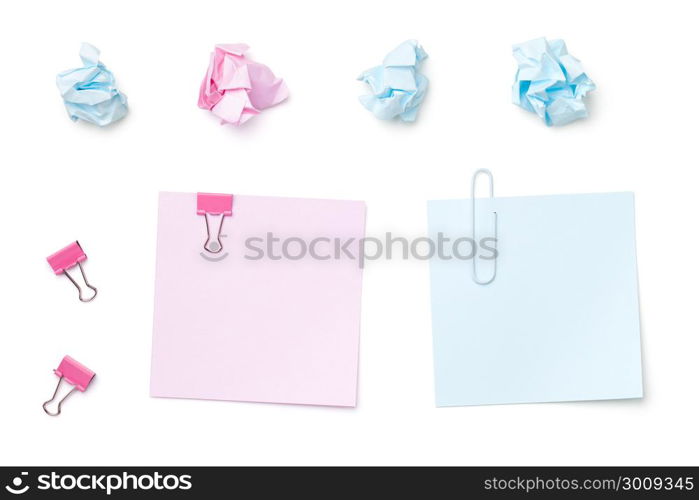 Sticky Post Note Paper Isolated on White Background. Pastel colors. Copy space. Top view