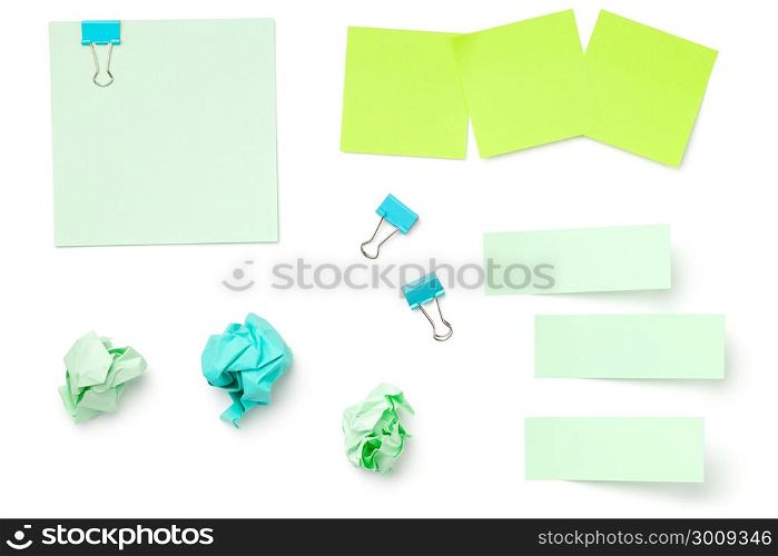 Sticky Post Note Paper Isolated on White Background. Pastel colors. Copy space. Top view