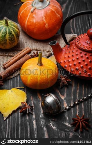 Still life autumn tea party. Warming autumn tea and teapot on background of pumpkin