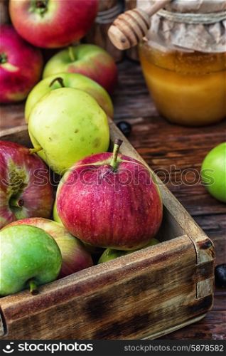 Still life from the harvest of ripe apples and honey