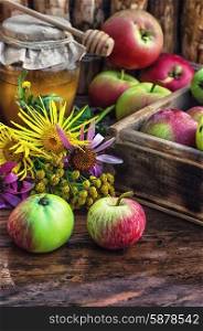 Still life from the harvest of ripe apples and honey to the Church celebration of the apple feast day
