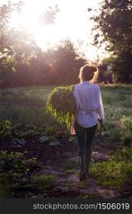 still life - girl in the village works in the garden. girl holds a corn and gardening tools. in sunset light