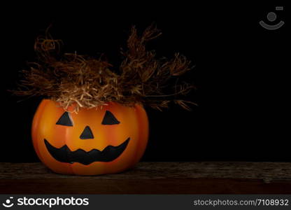 Still life Halloween pumpkin on black background. Halloween concept.