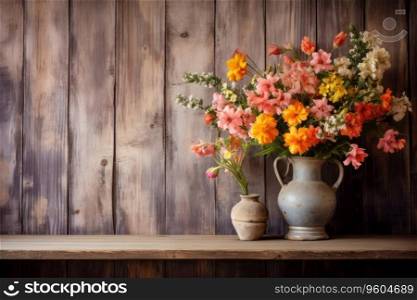 Still life image of flowers in rustic vase against weathered wooden background.. Still life image of flowers in rustic vase against weathered wooden background