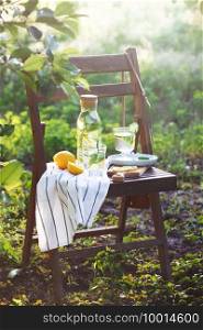 still life - lemonade with lemon, cucumber and mint on a vintage wooden chair in the garden. atmosphere and mood 