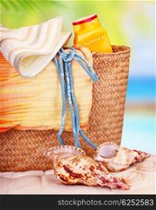 Still life of beach items, travel to Mediterranean sea, relaxation on beach resort, summer holidays concept&#xA;
