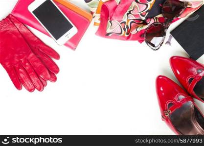 Still life of fashion woman, essentials fashion woman objects as a frame on white