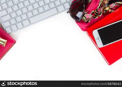 Still life of fashion woman, essentials fashion woman objects on white