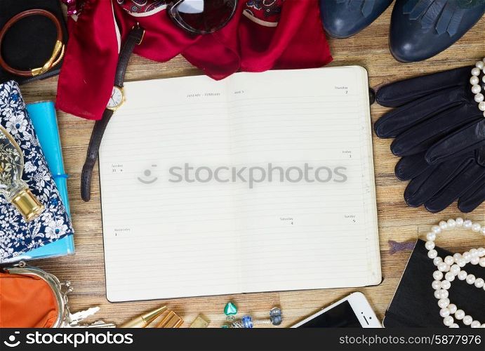 Still life of fashion woman. Still life of fashion woman as a frame with empty planner