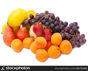 Still life of grape, lemons, pears, strawberry on white background
