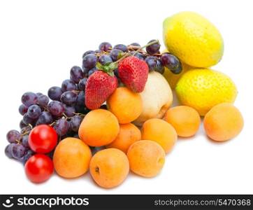 Still life of grape, lemons, pears, strawberry on white background