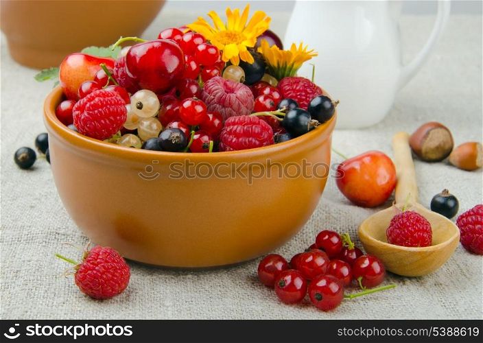 Still life of summer berries - cherries, strawberries, currants and etc