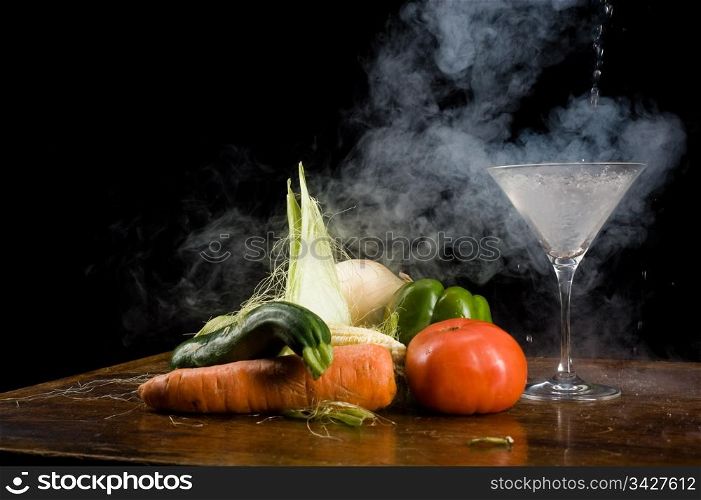 Still life of vegetables and liquid nitrogen
