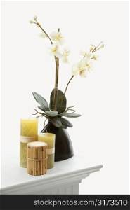 Still life of yellow candles and white orchids.