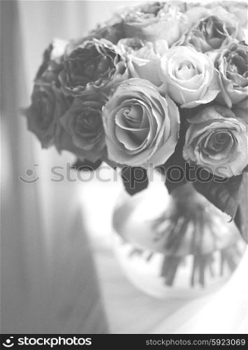 Still life with a bouquet of delicate roses. Bridal bouquet. Birthday