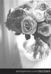 Still life with a bouquet of delicate roses. Bridal bouquet. Birthday