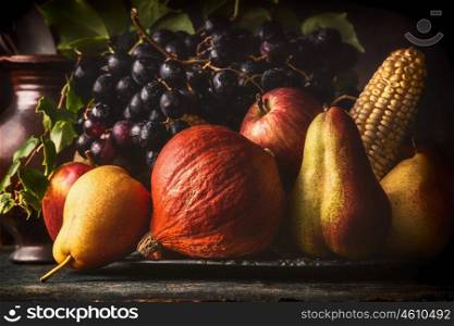 Still life with autumn fruits and vegetables: apples, pears, grapes, pumpkins, corn on the cob on dark rustic table, close up