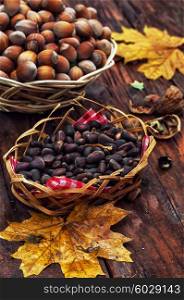 Still life with autumn harvest walnuts on wooden background. Walnuts