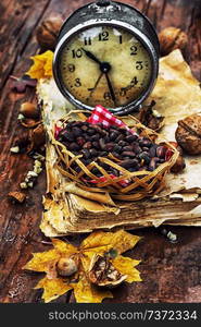 Still life with autumn harvest walnuts on wooden background. Walnuts