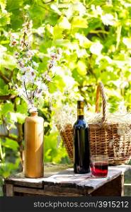 Still life with bottle and glass red wine on background of green foliage. Still life with bottle and glass of red wine