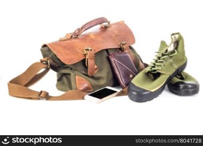 Still life with casual man,bag,shoes,wallet and mobilephone isolated on white (with clipping path)