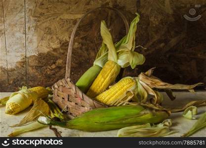 Still life with corn placed in baskets.