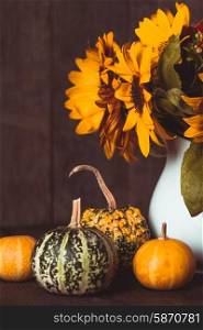 Still life with decorative pumpkins on wood background. Still life with pumpkins