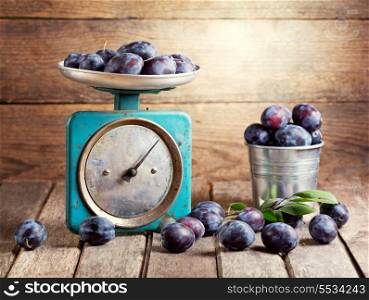 still life with fresh blue plums on wooden background