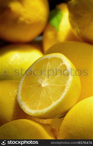 Still life with fresh yellow lemons with natural light
