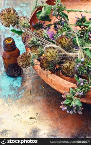 Still life with harvest medicinal herbs. Useful herbs collected in autumn amid the mortars