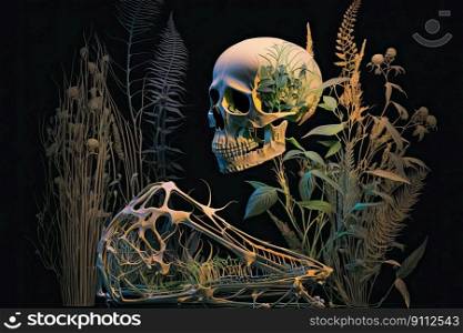 Still life with human skull in the dark forest. Generative AI