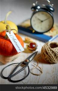 still life with pumpkins, scissor and rope