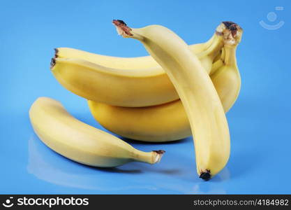 Still life with yellow bananas on blue.