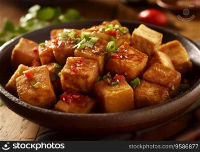 Stinky smelly tofu asian food in ceramic plate on table.Ai Generative