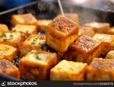 Stinky smelly tofu with steam on street food market.Ai Generative