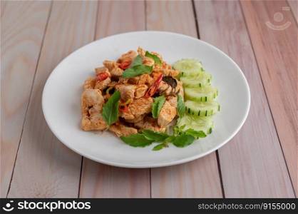 Stir Fried Chili Paste with Chicken in White Plates on a Wooden Floor.