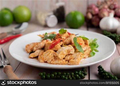 Stir Fried Chili Paste with Chicken in White Plates on a Wooden Floor.