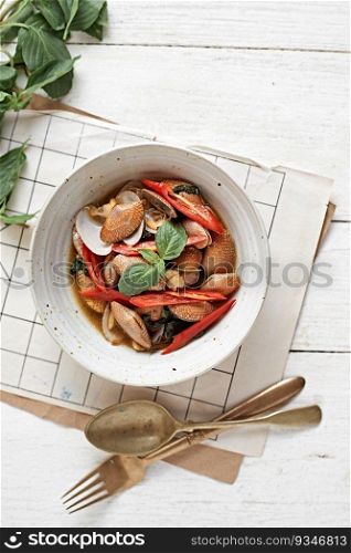 Stir Fried Clams with Roasted Chilli Paste, Selective focus . Stir Fried Clams with Roasted Chilli Paste