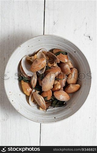 Stir Fried Clams with Roasted Chilli Paste, Selective focus . Stir Fried Clams with Roasted Chilli Paste