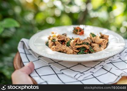 Stir-fried meat with chili and basil served with steamed rice on white dish. Stir-fried meat with chili and basil